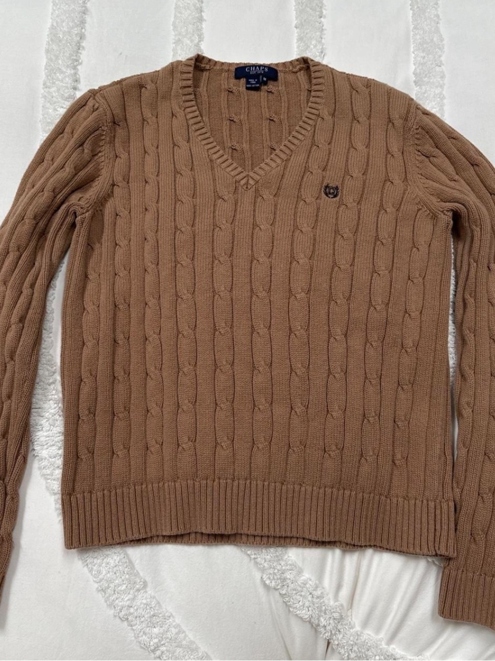 Chaps Women’s V-Neck Cable Knit Sweater in Camel Brown